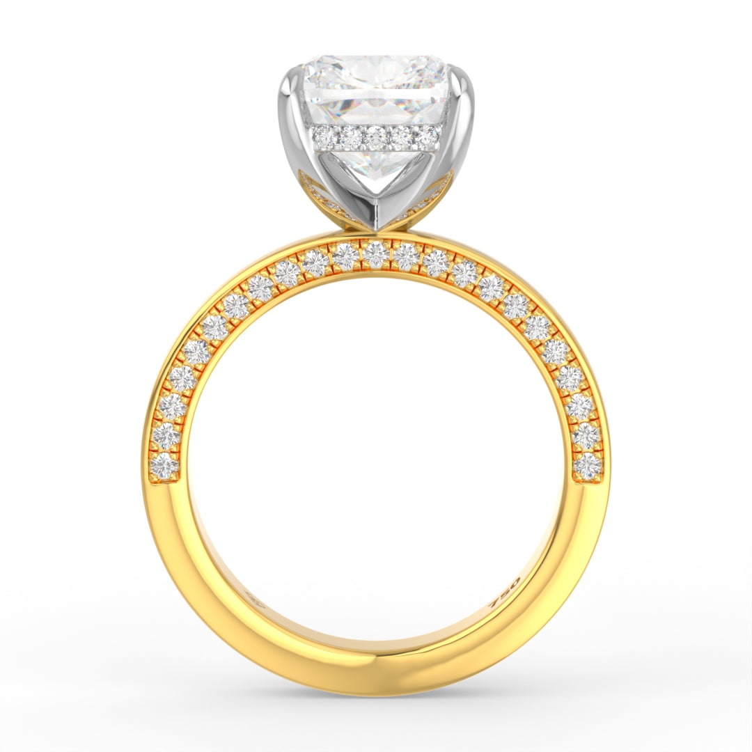 Celeste Cushion cut Lab Diamond with Cigar band and half set Diamond sides & hidden halo