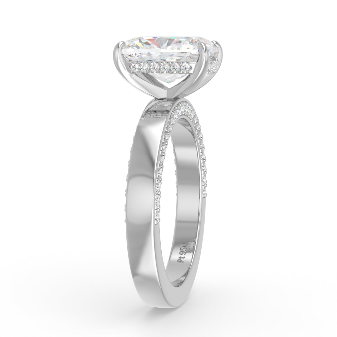 Celeste Cushion cut Lab Diamond with Cigar band and half set Diamond sides & hidden halo