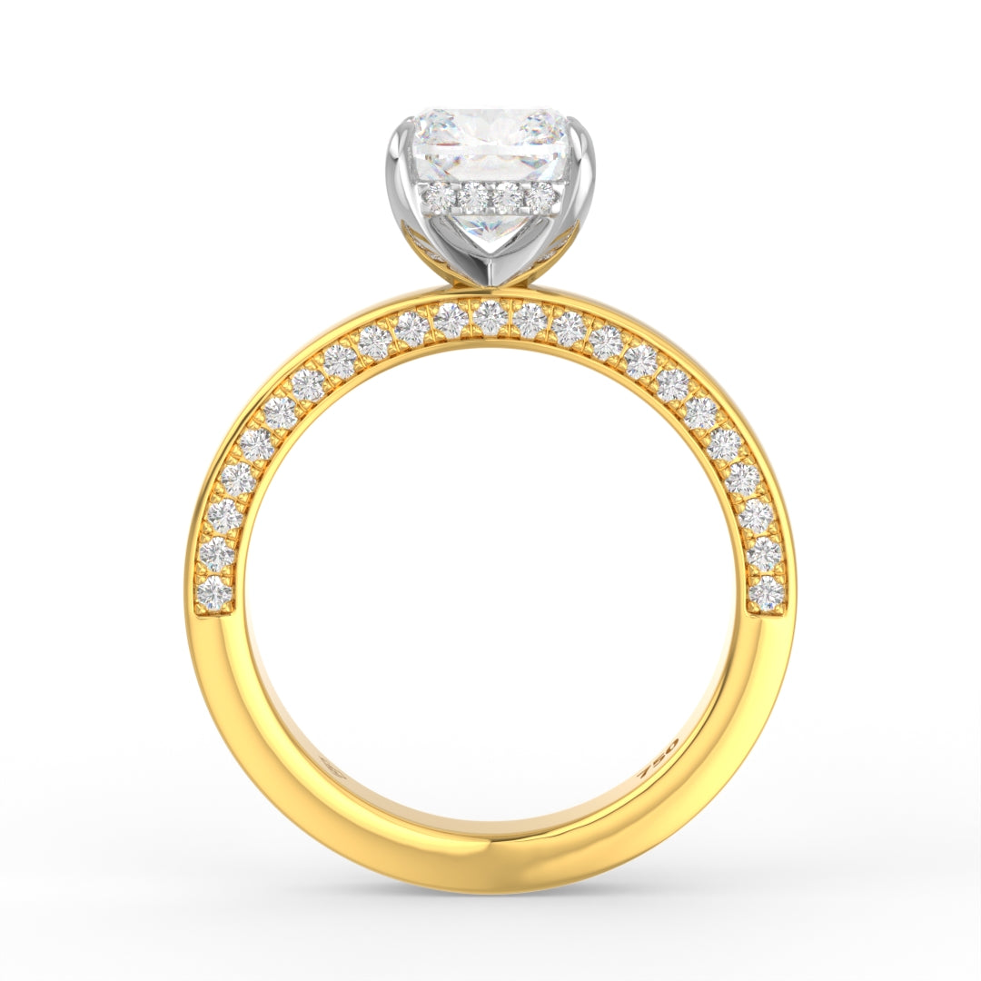 Celeste Cushion cut Lab Diamond with Cigar band and half set Diamond sides & hidden halo