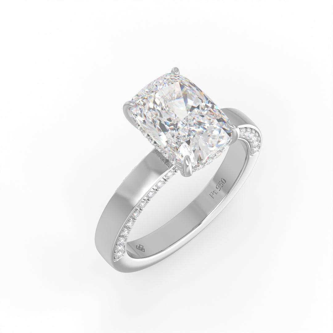 Celeste Cushion cut Lab Diamond with Cigar band and half set Diamond sides & hidden halo