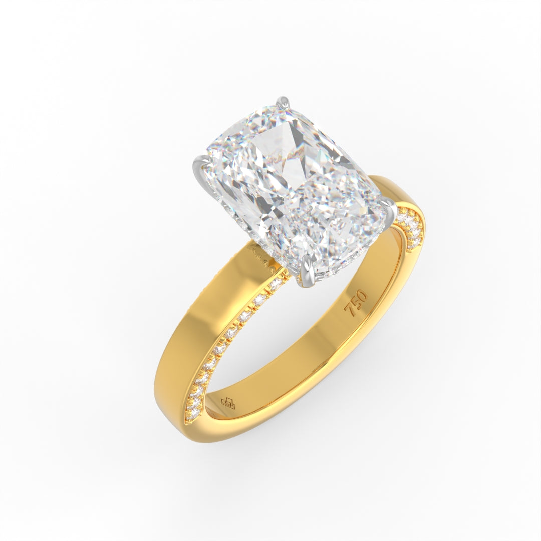 Celeste Cushion cut Lab Diamond with Cigar band and half set Diamond sides & hidden halo
