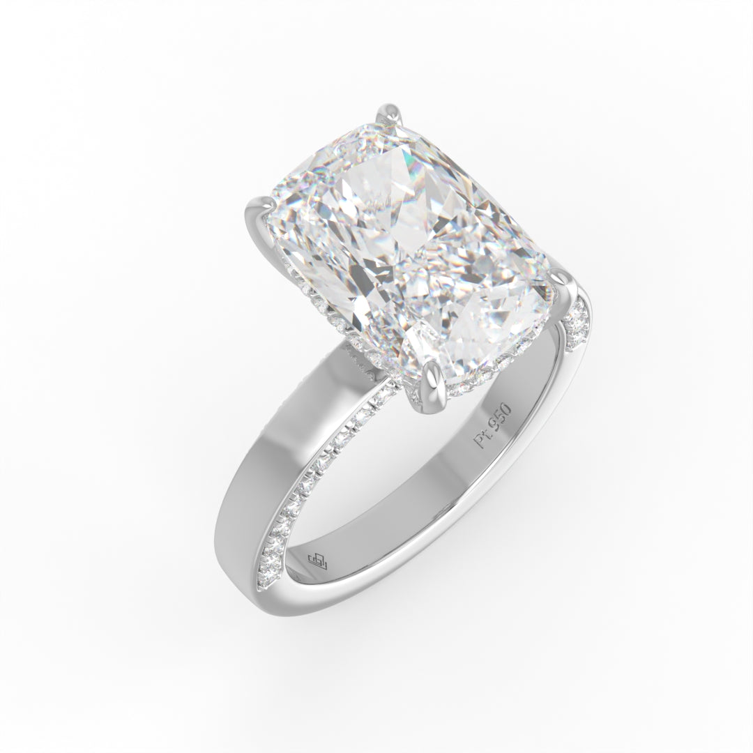 Celeste Cushion cut Lab Diamond with Cigar band and half set Diamond sides & hidden halo