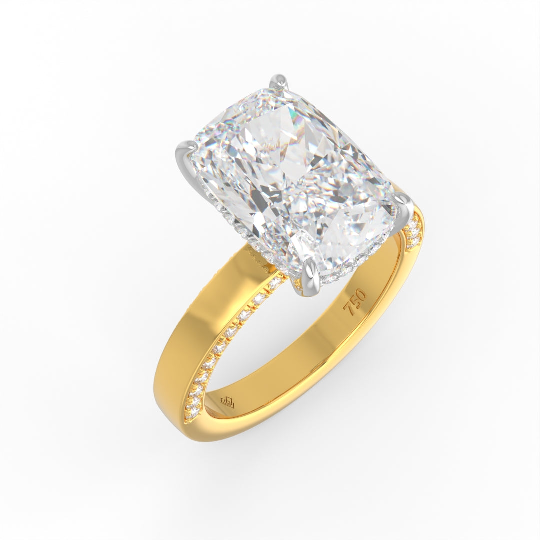 Celeste Cushion cut Lab Diamond with Cigar band and half set Diamond sides & hidden halo