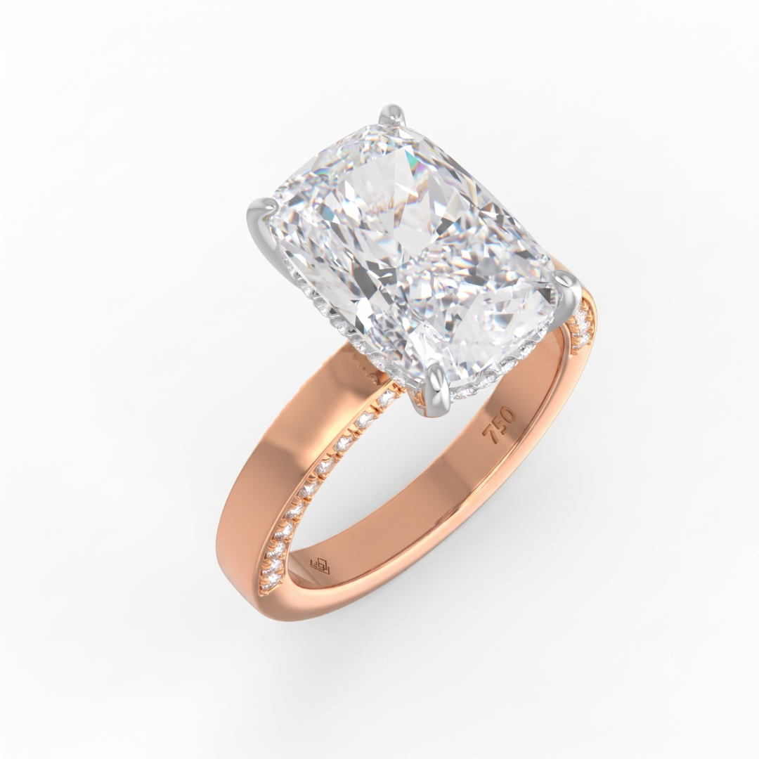 Celeste Cushion cut Lab Diamond with Cigar band and half set Diamond sides & hidden halo