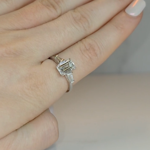 Mary Emerald Cut Diamond Engagement Ring with Tapering Baguette Cut Side Diamonds